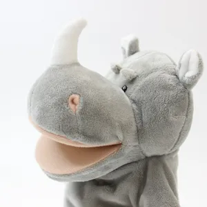 Cute grey rhino plush hand puppet toy with movable mouth for kids and family interactive play