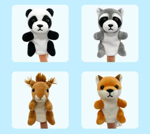 Plush animal finger puppets set featuring cute panda, raccoon, squirrel, and fox designs for kids.
