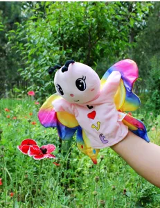Cute butterfly plush hand puppet for kids interactive play, colorful wings and soft fabric toy.
