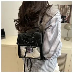 Sac à dos ita en velours noir style collège décontracté avec fenêtre transparente et nœud ruban