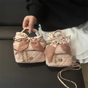 Quilted Chain Crossbody Bag For Women PU Leather Small Vanity Bag With Camellia Bow Silk Scarf Decoration