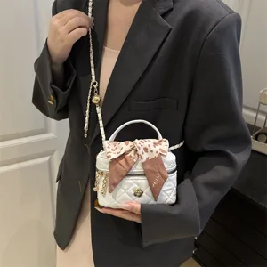 Women's trendy quilted chain mini vanity box bag spring casual crossbody bag with bow