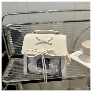 Sac à dos Ita de style preppy blanc avec fenêtre transparente et nœud, joli sac fourre-tout mignon.