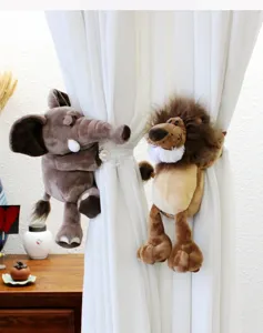 Plush animal curtain tiebacks featuring cute elephant and lion designs, perfect for kids room decor.