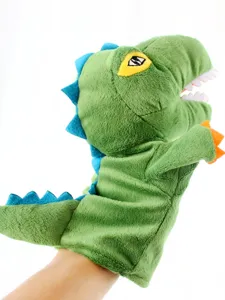 Marionetta a mano di dinosauro verde in peluche per bambini spettacolo scolastico teatro.