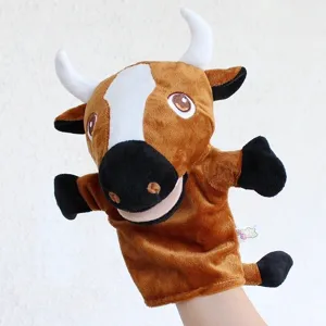 Marionnette à Main en Peluche Bœuf Jaune de Dessin Animé Mignon Animal En Peluche Bouche Mobile Jouet Souple Interactif Pour Enfants Cadeau