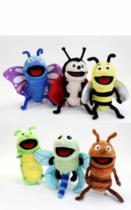 Mignons marionnettes à main insectes en peluche avec bouche mobile pour histoires d'enfants.