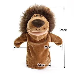 Brown lion plush hand puppet toy, soft animal puppet with movable mouth for kids.