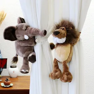 Cute plush elephant and lion curtain tiebacks, soft cartoon animal holdbacks for kids room decor.