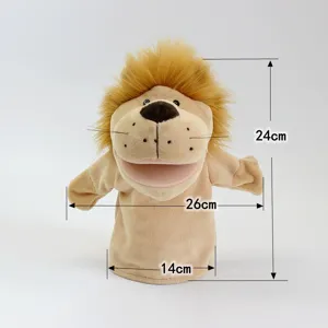 Simpatica marionetta a mano in morbido peluche leone giallo con bocca mobile, gioco per bambini.
