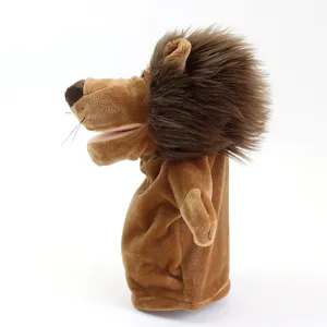 Brown lion plush hand puppet with movable mouth cartoon animal toy for kids and parent fun.