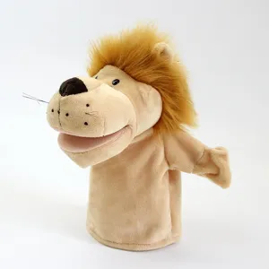 Simpatico burattino a mano in peluche di leone giallo con bocca mobile per gioco interattivo dei bambini.