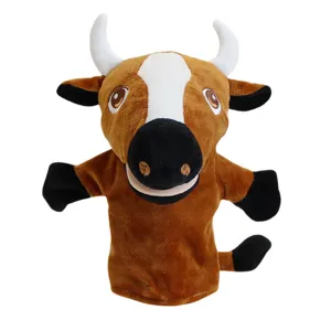 Marionnette à main en peluche marron taureau bouche mobile jouet animal dessin animé enfant