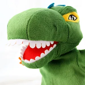 Simpatica marionetta a mano in peluche di dinosauro verde, giocattolo morbido per show.