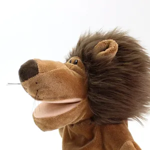 Brown lion movable mouth cartoon animal plush hand puppet family toy for kids fun