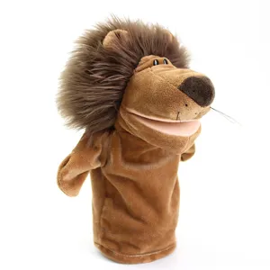 Brown lion plush hand puppet toy with movable mouth for interactive parent-child fun games.