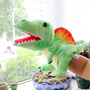 Groene dinosaurus handpop pluche speelgoed voor kinderen, zacht interactief speelgoed leuk.