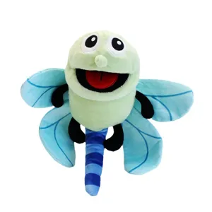 Mignonne marionnette libellule peluche bouche mobile jouet histoire enfants vert bleu