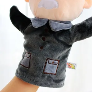 Plush grandpa hand puppet detail shot, soft fabric and vintage jacket design for kids.