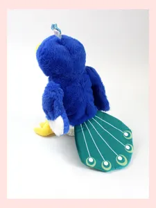 Cute blue and green peacock plush hand puppet for kids interactive play and storytelling show.