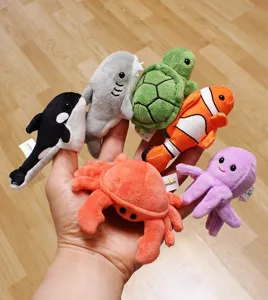 Cute marine animal plush finger puppets set including shark turtle crab octopus for kids play.