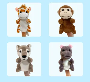 Close-up details of cute animal plush finger puppets, soft toy set for kids and storytelling.