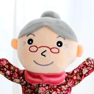 Cute plush grandma hand puppet toy for storytelling kindergarten show and interactive play.