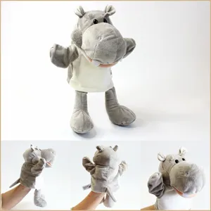 Marionnette a main hippopotame en peluche avec longues jambes et bouche mobile, jouet doux.