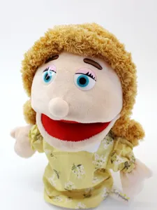 Cute plush hand puppet toy with brown hair and yellow floral dress for storytelling and kids.