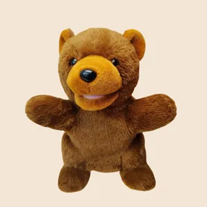 Peluche marionetta a mano animale orso marrone con bocca aperta per gioco di bambini.