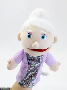Detailed view of the plush grandma hand puppet toy, perfect for storytelling and school.