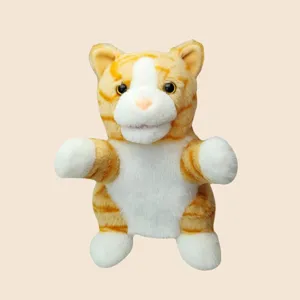 Peluche gatto burattino a mano animale, morbida bambola interattiva per storie di bambini.