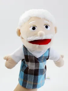 Plush elderly man hand puppet toy with plaid vest, great for storytelling and puppet shows.