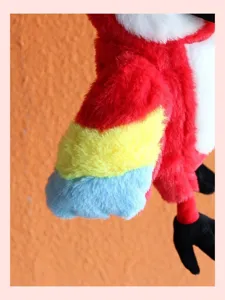 Plush parrot hand puppet detail, colorful plush fabric, ideal for kids interactive play.
