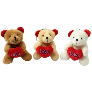 Cute plush bear keychain holding red heart love doll pendant soft toy gift for friends and kids
