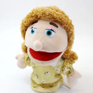 Cute plush hand puppet female character with blonde curly hair and floral dress for kids story.