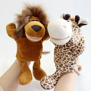 Marionnette a main en peluche animale avec longues jambes et bouche mobile, jouet pour enfants.
