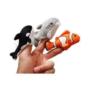 Ocean animal plush finger puppets set, cute shark, orca and clownfish toys for kids.