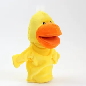 Mignonne marionnette en peluche canard jaune avec bec orange mobile pour les enfants.