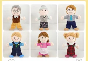 Family plush hand puppets set, cartoon character soft toys for school and home kids interaction.