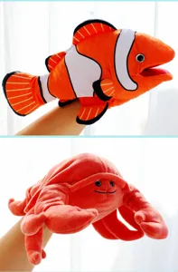 Clownfish and crab plush hand puppets for kids storytelling, soft animal toys for kindergarten show.