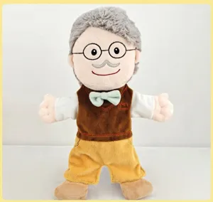 Plush elderly man hand puppet toy for storytelling, kindergarten teaching, family interactive fun.