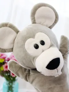 Joli jouet marionnette à main souris grise, gant animal en peluche douce avec bouche mobile.