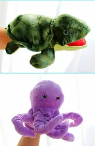 Plush hand puppets for kids storytelling, turtle and octopus animal toy figures detail view.