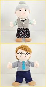 Educational plush hand puppets for family interaction, elderly character design, soft and safe toy.