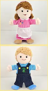 Cute family character plush hand puppets for school education and parent-child interaction.