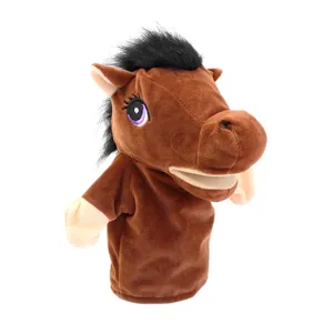 Marionnette à main cheval en peluche marron avec crinière noire, jouet bouche mobile enfant.