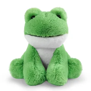 Gros plan sur une adorable peluche grenouille verte, tissu doux et moelleux, grands yeux mignons.