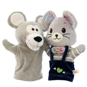 Peluche marotte de souris grise, jouet gant animal doux pour enfants et ecole maternelle.