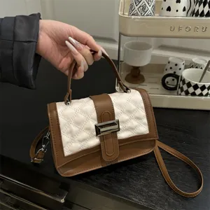 Women Quilted PU Leather Crossbody Bag Small Flap Shoulder Bag Color Block Casual Handbag With Metal Lock
